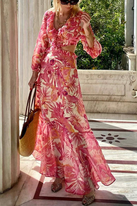 LM | Make Me Blush Floral Ruffle Side Cutout Waist Maxi Dress