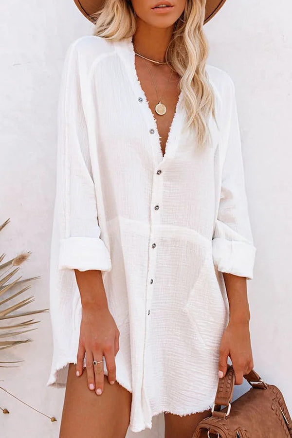 LM | Loose Mid-length Jacket Casual Solid Color Shirt Mini Dress