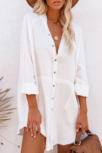 LM | Loose Mid-length Jacket Casual Solid Color Shirt Mini Dress