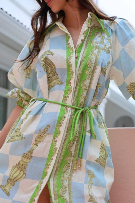 LM | Unique Printed long sleeve shirt midi dress with drawstring pocket