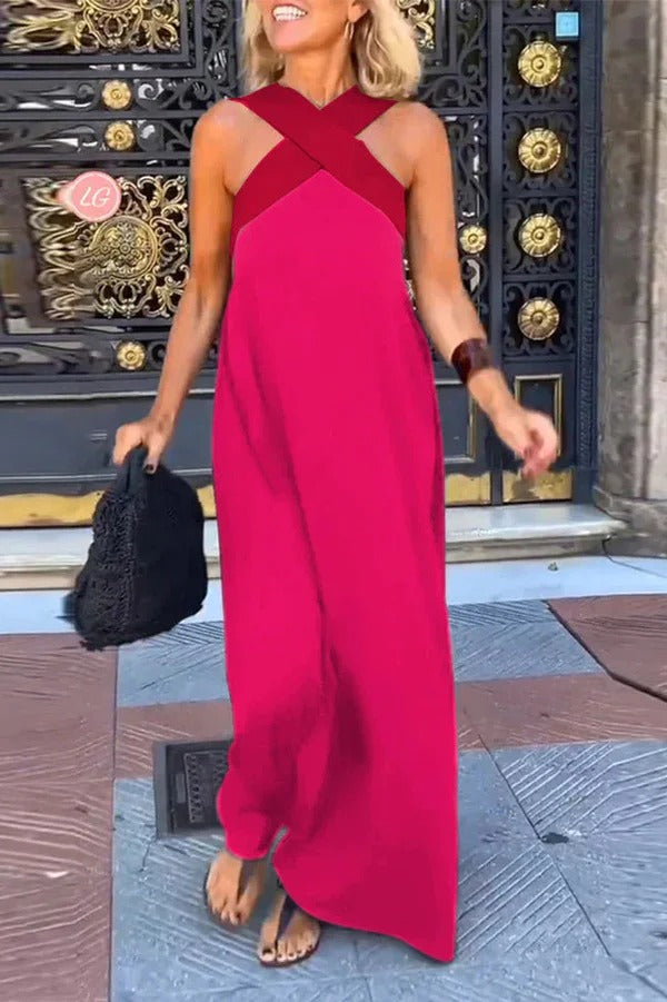 LM | Stylish crossover backless sleeveless loose maxi dress