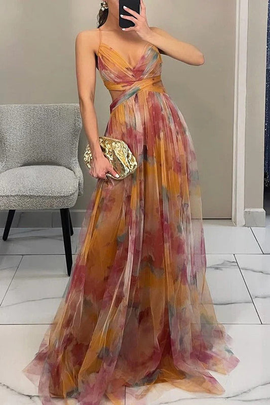 LM | Giselle Tulle Render Floral Print Cutout Waist Back Lace Up Maxi Dress