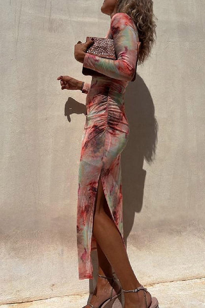 LM | Charm Lady Mesh Overlay Tie Dye Print Long Sleeve Ruffled Stretch Midi Dress
