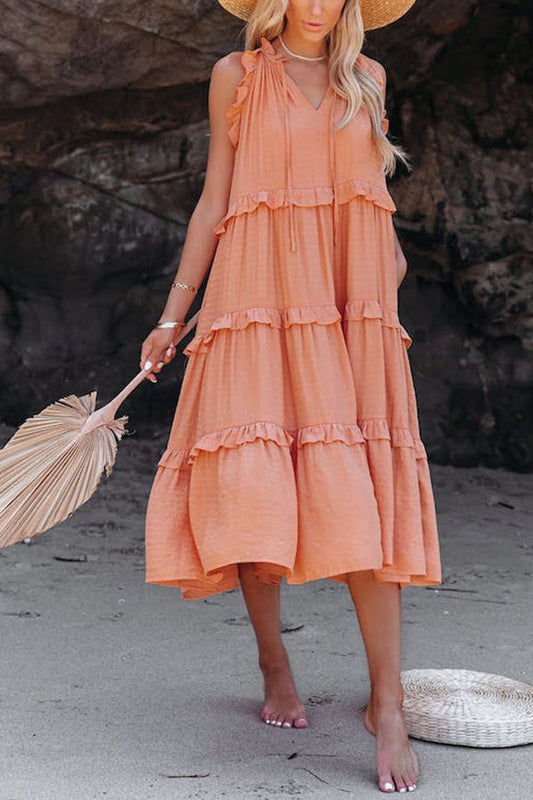LM | COTTON BLEND, TIERED MIDI DRESS WITH POCKETS
