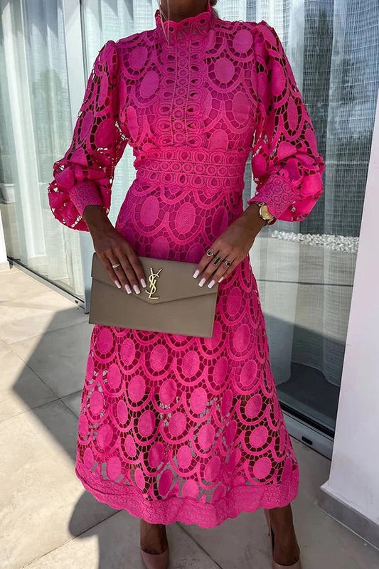 LM | Romantic, Sensual and Elegant Crochet Lace Lantern Sleeve Party Midi Dress