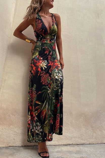 LM | RAINFOREST PARADISE TROPICAL PRINT NECKLINE BACK CROSSOVER STRETCH MAXI DRESS