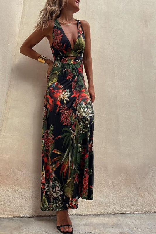 LM | RAINFOREST PARADISE TROPICAL PRINT NECKLINE BACK CROSSOVER STRETCH MAXI DRESS