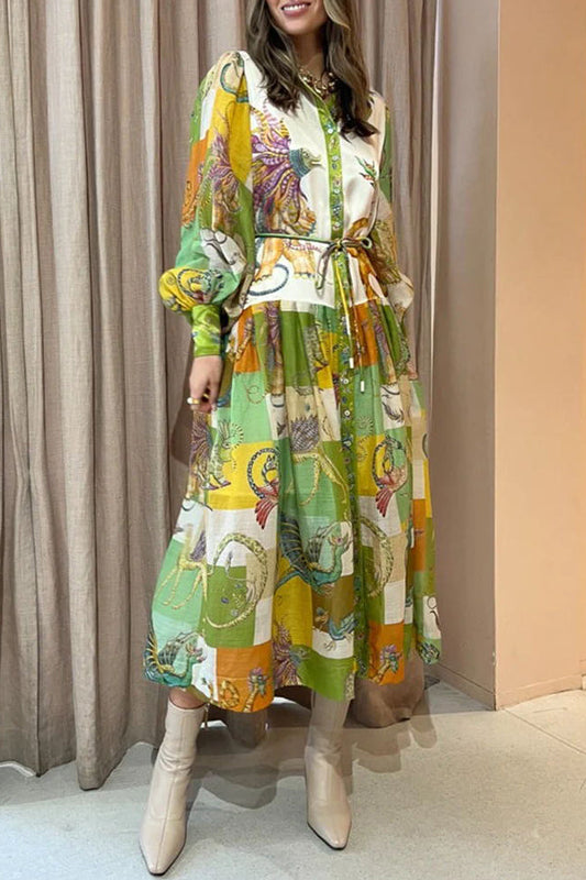 LM | Dragon Family Printed Balloon Sleeves Lightweight Shirt Midi Dress