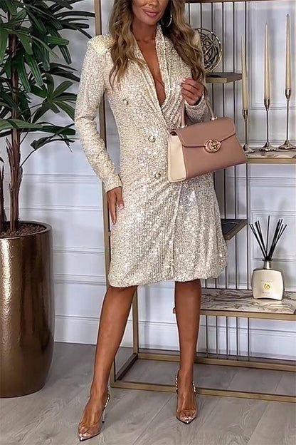 LM | Luxe Feeling Sequin Button Up Long Sleeve Blazer Midi Dress