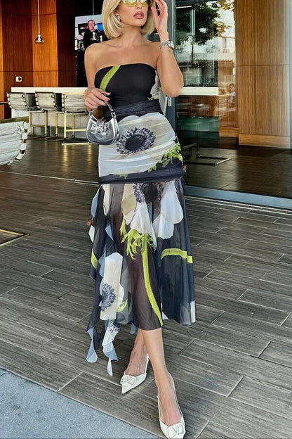 LM | Raquel Mesh Overlay Floral Print Shoulderless Ruched Ruffled Stretch Midi Dress