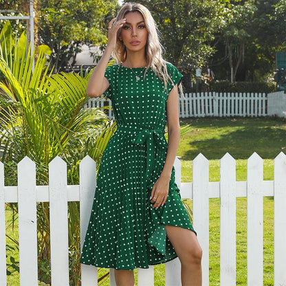 LM | Summer Women Polka Dot Short Sleeve Dress Casual Bandage Party Pleated Midi Dresses Elegant Green Office Lady Clothes