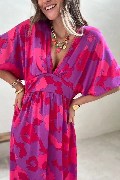 LM | Rose Abstract Floral Print V-Neck Dolman Maxi Dress