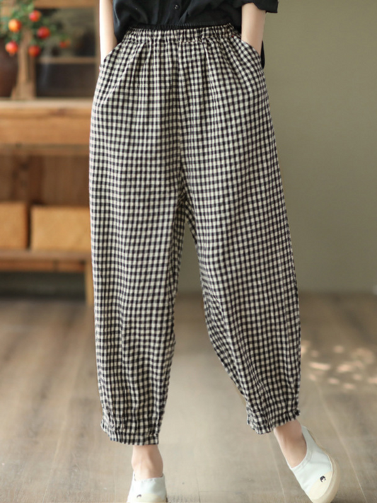 LM | Elastic Waist Plaid Casual Harem Pants Bottoms