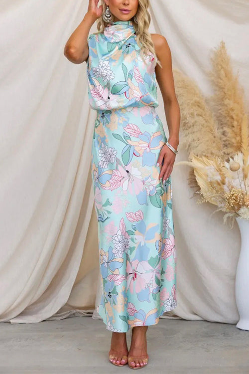 LM | Regular Fitted maxi dress in satin with floral pattern