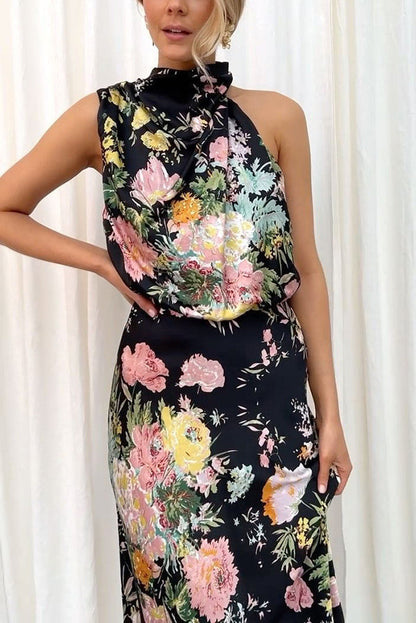 LM | Wine Country Dates Floral Halter Neck Elastic Waist Maxi Dress
