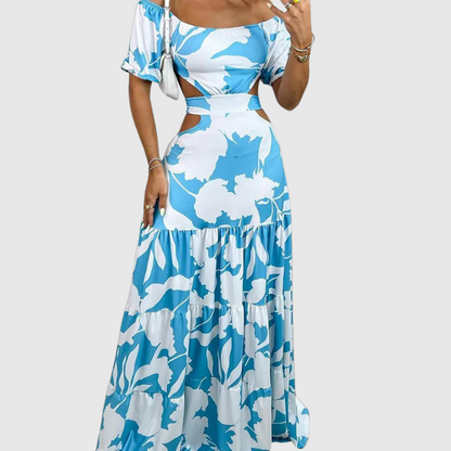 LM | Elegant midi dress with irregular grain and neckline