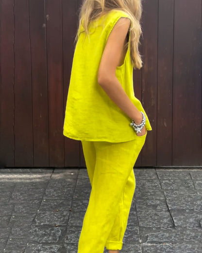 LM | Casual Solid Color Sleeveless Vest & Pants Cotton Linen Two Piece Set
