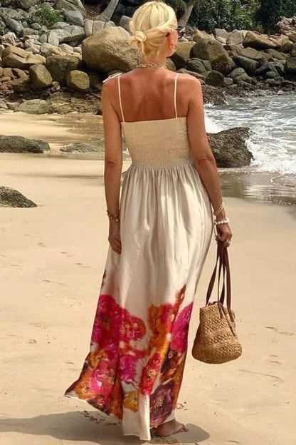 LM | Hidden Garden Satin Floral Print Smocked Off Shoulder Maxi Dress
