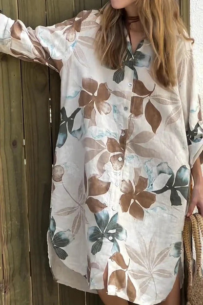 LM | Botanical Print Long-sleeved, single-breasted, loose midi dress with pockets