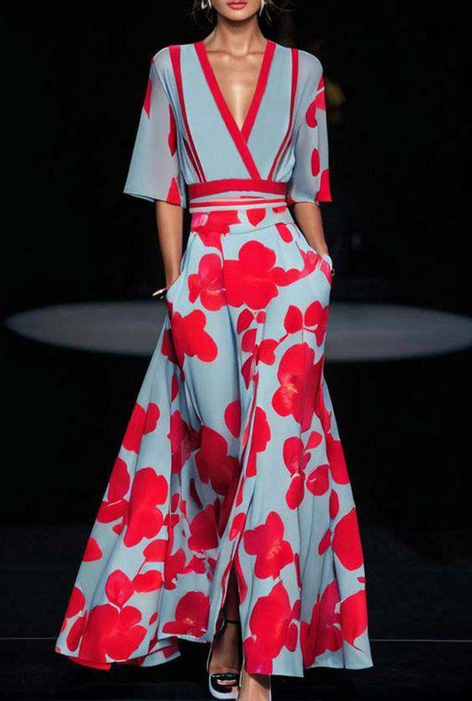 LM | Blue maxi dress with floral pattern and V-neck for women