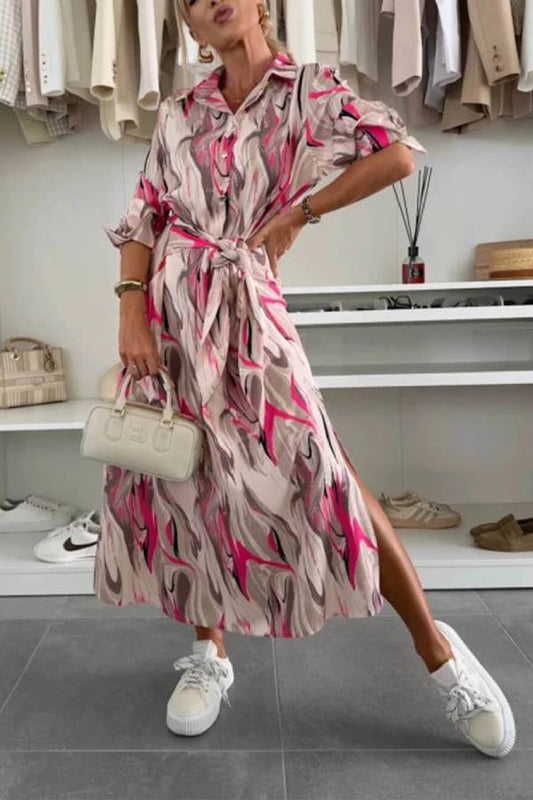 LM | Elegant Ease Satin Printed Midi Dress with Waist