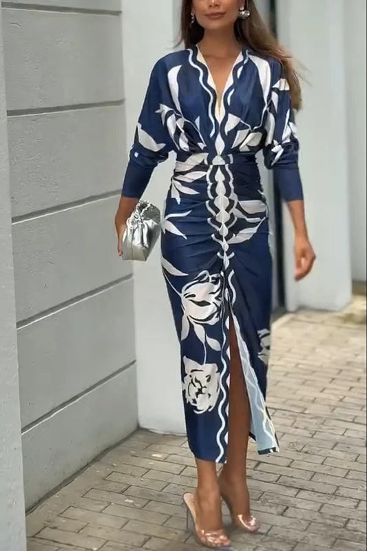 LM | Caliana Unique Print Dolman Long Sleeve Ruffled Slit Midi Dress