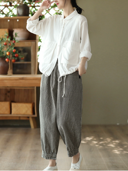 LM | Elastic Waist Plaid Casual Harem Pants Bottoms
