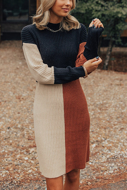 LM | Winter Latte Knit Color Block Mock Neck Sweater Mini Dress