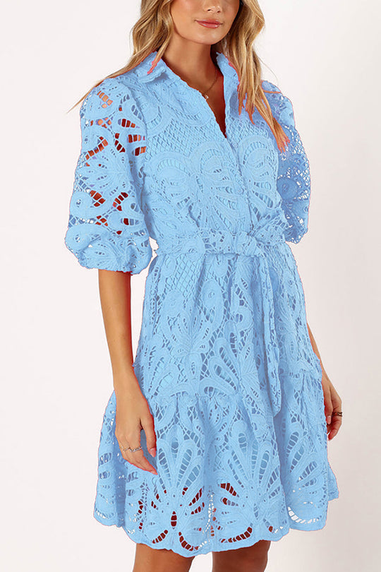 LM | Solid color lace neckline balloon sleeves and waist tie mini dress