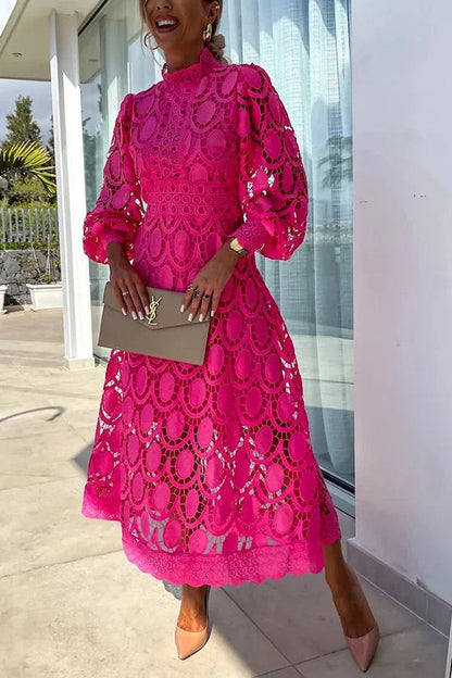 LM | Romantic, Sensual and Elegant Crochet Lace Lantern Sleeve Party Midi Dress
