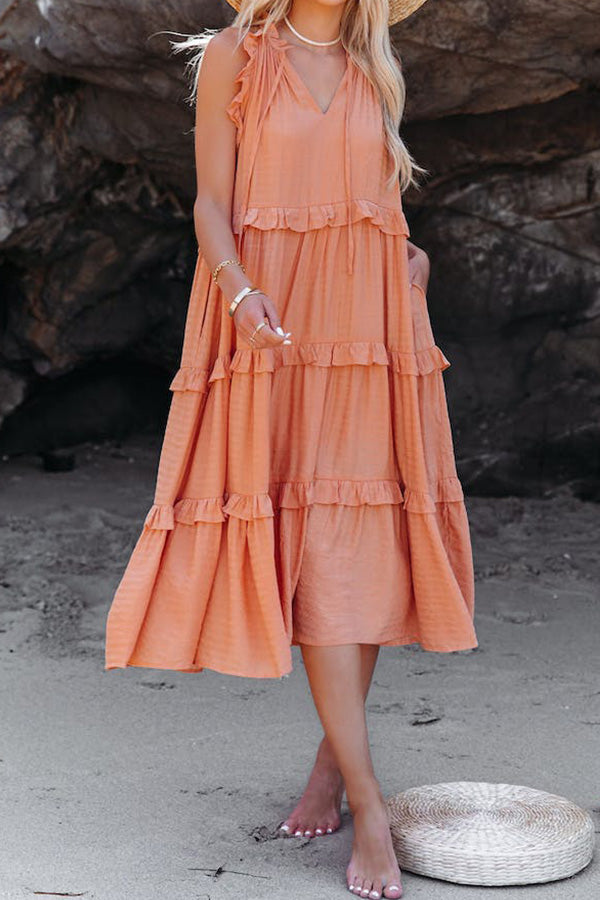 LM | COTTON BLEND, TIERED MIDI DRESS WITH POCKETS