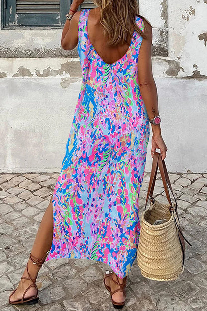 LM | Purple Fluorescent Printed Round Neck Sleeveless Maxi Dress