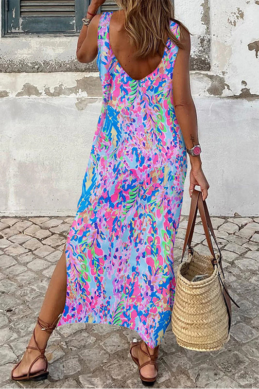 LM | Purple Fluorescent Printed Round Neck Sleeveless Maxi Dress
