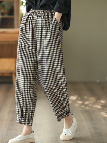 LM | Elastic Waist Plaid Casual Harem Pants Bottoms