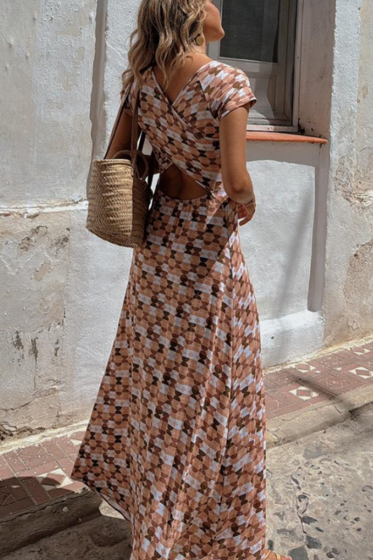 LM | Salmon Regular Pattern Print Short Sleeve Maxi Dress