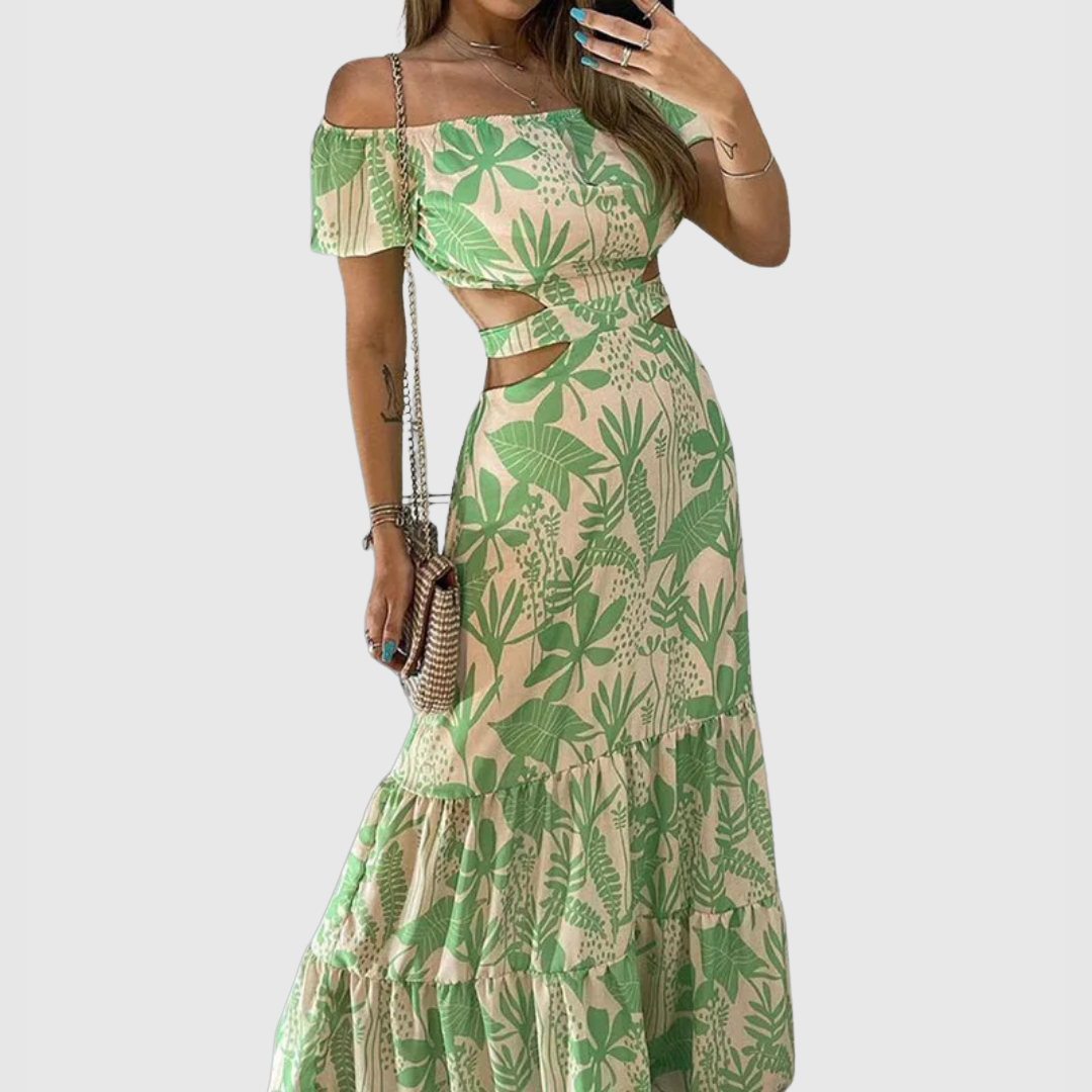 LM | Elegant midi dress with irregular grain and neckline