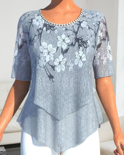 LM | Blouse with floral round neckline and short sleeves