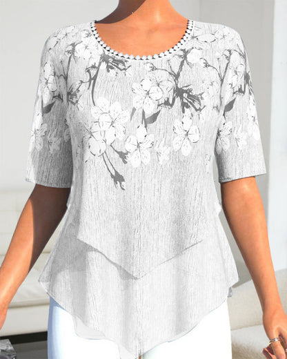 LM | Blouse with floral round neckline and short sleeves