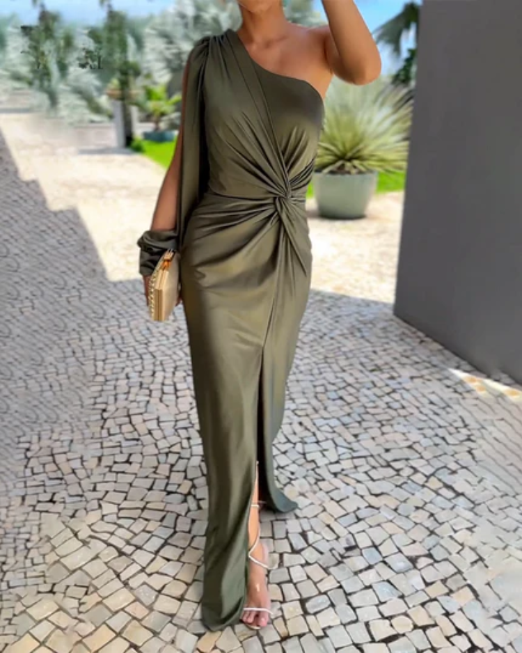 LM | Asymmetric ruched bandage midi dress