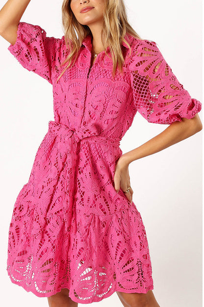LM | Solid color lace neckline balloon sleeves and waist tie mini dress