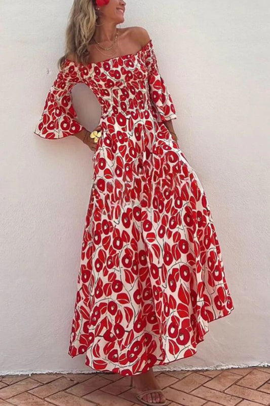 LM | Close To The Vacation Floral Print Smocked Off Shoulder Pocketed Maxi Dress