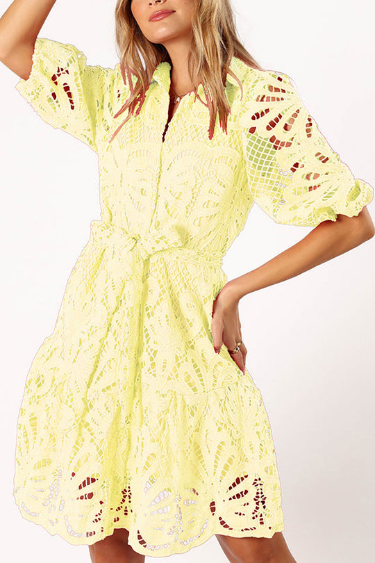 LM | Solid color lace neckline balloon sleeves and waist tie mini dress