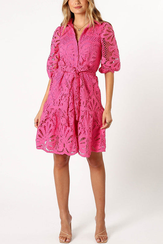 LM | Solid color lace neckline balloon sleeves and waist tie mini dress