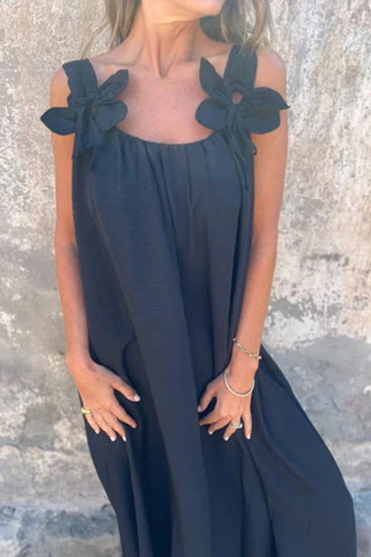 LM | Solid Floral Embellished Sleeveless Loose Maxi Dress
