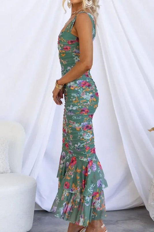 LM | Styled To Perfection Floral Ruched Mesh Overlay Ruffle Hem Maxi Dress