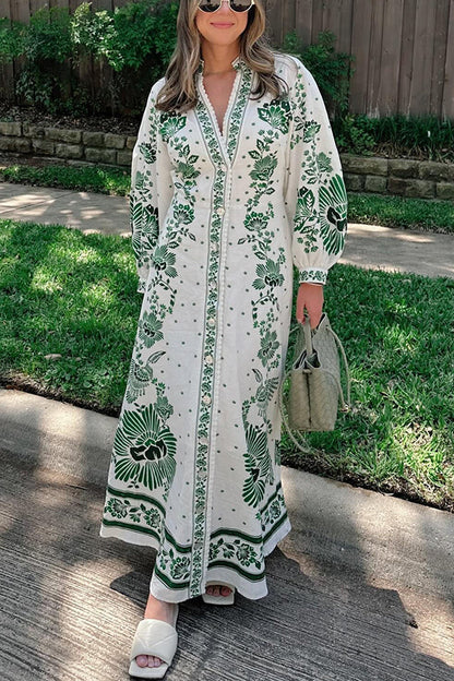 LM | Unique print button down long sleeve shirt maxi dress