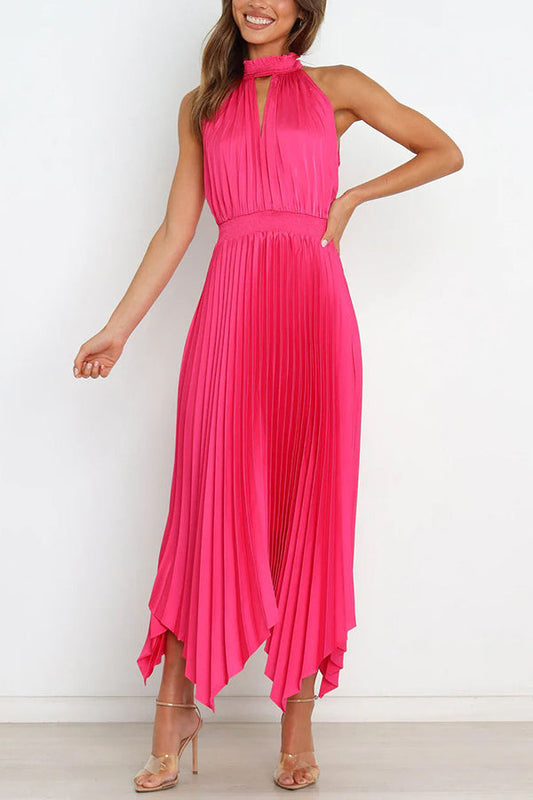 LM | Luxe Look Satin Pleated Halter Elastic Waist Midi Dress