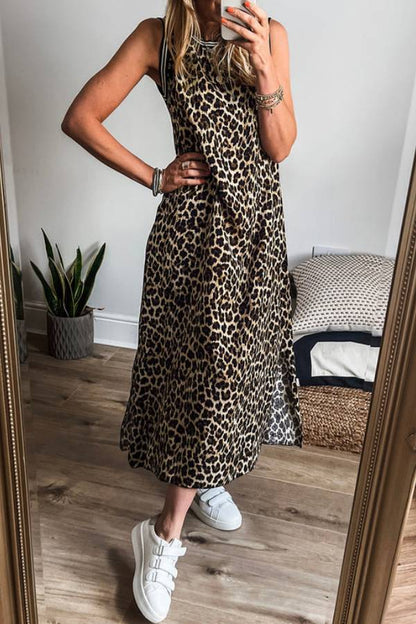 LM | Black contrast striped leopard print sleeveless midi dress