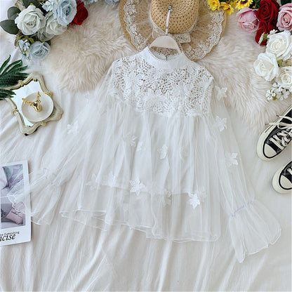 LM | perspective mesh gauze lantern sleeves slim short top female lace leggings undershirt