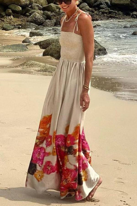 LM | Hidden Garden Satin Floral Print Smocked Off Shoulder Maxi Dress